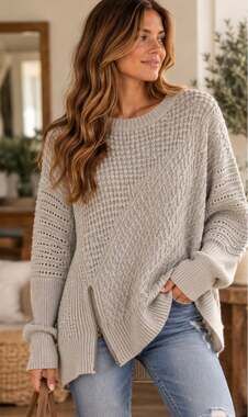 She + Sky Oversized Mixed Knit Sweater Side Zipper Boho One Size